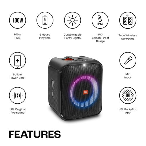JBL PartyBox Encore Essential Bluetooth Party Speaker with JBL Pro Sound, IPX4 Splash proof, 100 Watt RMS Microphone Input.   ⭐⭐⭐⭐⭐(4.9/5)